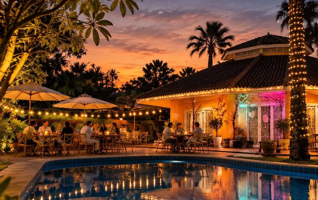 Amore by night: tables by the pool under the string lights
